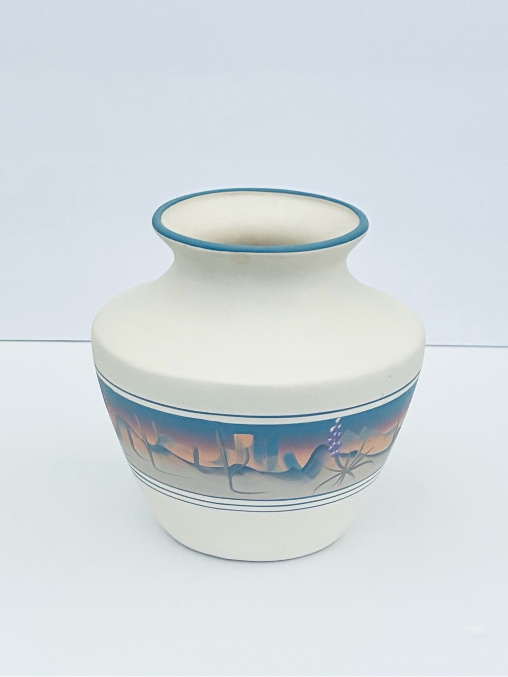 Vintage New West Pottery Vase Southwestern Desert Sunset Band Blue Rim